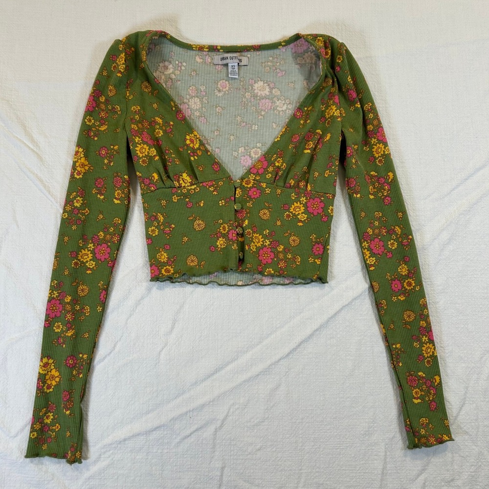 Urban Outfitters Green Floral Ribbed Button Front Crop Top Long Sleeve XS